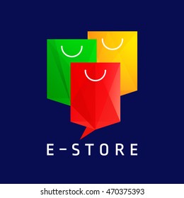 Web store, internet shopping or e-store sale logo concept. Logotype idea. Paper colorful bags. Online order sign, creative stained-glass style colour objects. Isolated abstract graphic design template