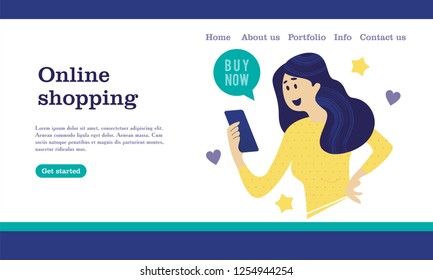 Web store landing page template. Modern flat web page design concept for website and mobile website. Girl with a computer shopping in the online store. Vector illustration.