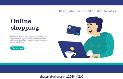 Web store landing page template. Modern flat web page design concept for website and mobile website. Man with a computer shopping in the online store. Vector illustration.