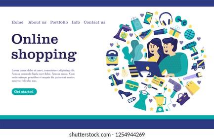 Web store landing page template. Modern design concept of flat web pages to a web site and mobile web site. A girl and a man with a computer shopping in the online store. Vector illustration.