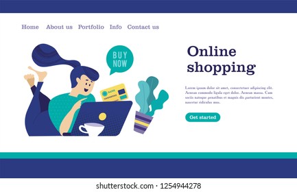 Web store landing page template. Modern flat web page design concept for website and mobile website. Girl with a computer shopping in the online store. Vector illustration.