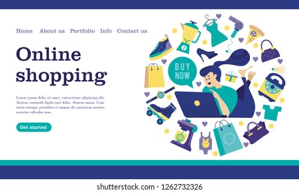 Web store landing page template. Modern flat web page design concept for website and mobile website. Girl with a computer shopping in the online store. Vector illustration.