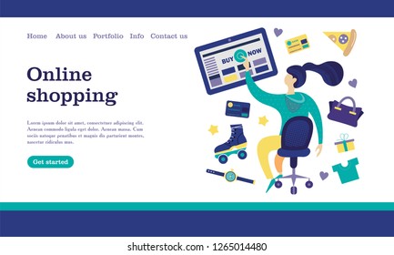 Web store landing page template. Modern flat web page design concept for website and mobile website. Girl with a computer shopping in the online store. Vector illustration.