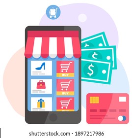 Web store layout. Online shopping and buying goods. Application with a selection of clothes. Program for making purchases via the Internet. Smartphone with application on the background of banknotes