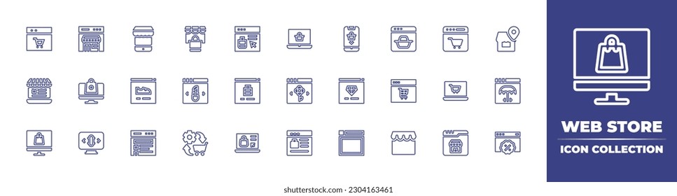 Web store line icon collection. Editable stroke. Vector illustration. Containing online shopping, online, mobile shop, ecommerce, online shop, stores, shop, shoes, window, jewel, skate, commerce, web.