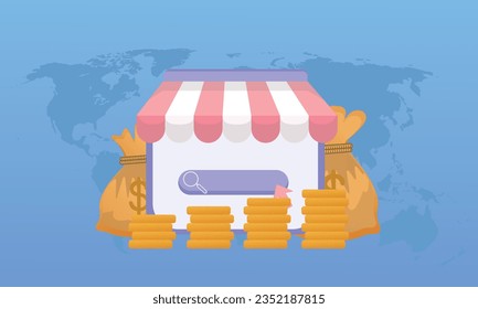 web store and online shopping concept global communications, internet banking.on blue background.Vector Design Illustration.