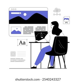 Web studio concept. Woman work on website landing page, ui ux design and programming. Vector illustration with line people for web design.	
