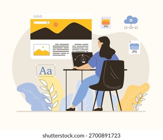 Concepto de estudio de Web. Trabajo de mujer en landing page de Sitio web, diseño y programación ui ux. Ilustración vectorial plana.	
