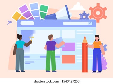 Web studio, web design agency, team. Group of people stand near big web page. Poster for social media, banner, web page, presentation. Flat design vector illustration