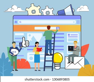 Web studio, developers team. People working near big web page. Website creation process. Business poster for presentation, social media, banner, web page. Flat design vector illustration