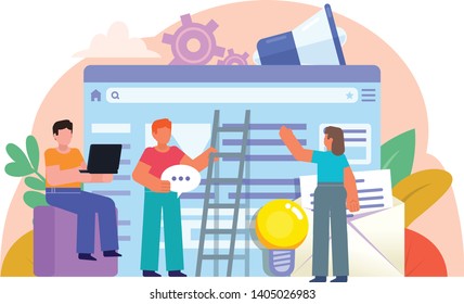 Web studio, developers team. People working near big web page. Website creation process. Business poster for presentation, social media, banner, web page. Flat design vector illustration