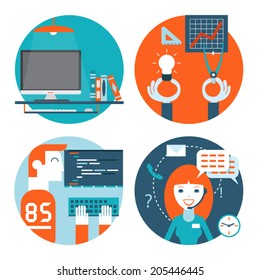 Web studio workplace concept and web page programming and coding with workflow objects technical support icons set modern trendy flat design vector illustration