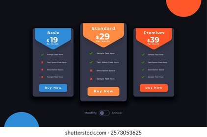 web subscription plan and price checklist dark template design vector