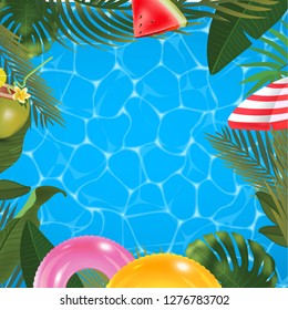 Web summer banner. Green palm leaves template on pool surface background. Summer vector abstract illustration. Realistic picture tropical Paradise for travel and ticket sales.
