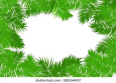 Web summer jungle frame banner. Green palm leaves template isolated white background. Vector abstract illustration. Realistic picture summer tropical Paradise mock up.