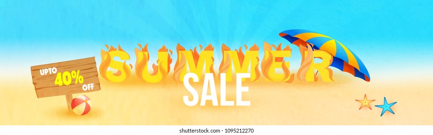 Web summer sale header or banner design with fire and upto 40% off offers.
