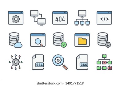 Web support related color line icon set. Hosting services colorful linear icons. Network and connection flat color outline vector sign collection.
