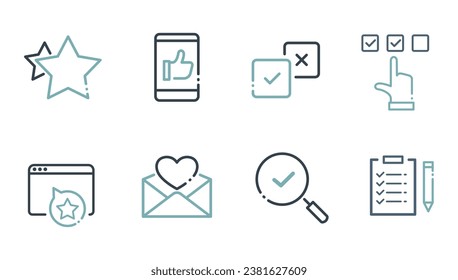 Icono de pantalla web, colección de esquemas de comentarios, testimonios, respuesta rápida, satisfacción, conjunto de iconos