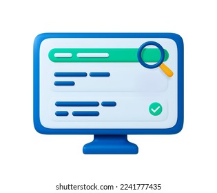 Web surfing 3d icon. Search bar on computer screen, magnifying glass and results. Correct results, office or home browser vector plastiline graphic