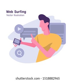 Web Surfing. Men surfing on surfboard webpage set on smart phone. Flat Vector Illustration