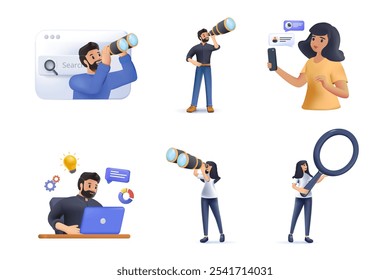 Web surfing search people characters vector illustration 3D design. Search bars and people browsing online information, surfing internet. Characters look for and find query in web browser set