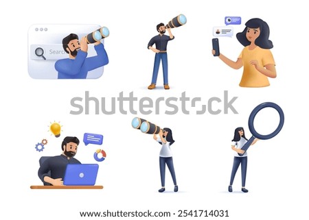 Web surfing search people characters vector illustration 3D design. Search bars and people browsing online information, surfing internet. Characters look for and find query in web browser set