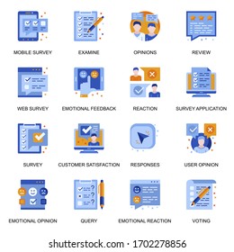 Web survey icons set in flat style. Emotional reaction and opinion, user query, mobile voting and review, customer satisfaction and feedback signs. Survey application pictograms for UX UI design.