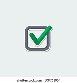 Web symbol - green check mark. Square check list button colorful single icon. Basic element for web isolated on white background vector illustration in flat design.