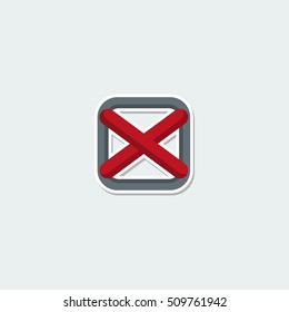 Web symbol - red cross mark. Square check list button colorful single icon. Basic element for web isolated on white background vector illustration in flat design.