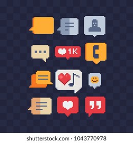 Web symbols pixel art speech bubble icons set. Like, message, dialogue, comics, call, communication sign Isolated vector illustration. Game assets 8-bit sprite. Element design for mobile app, web.