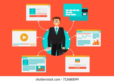 Web system of bank, financial tools and information content from video, blog, site, social networks, online remittances and email. Vector Online Banking Illustration