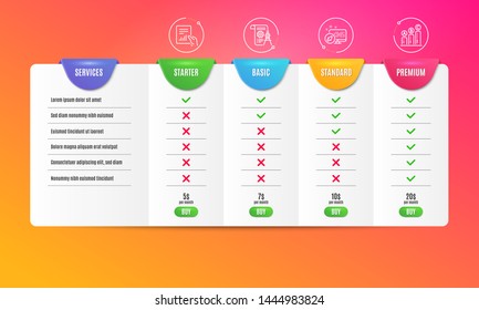 Web system, Document and Divider document icons simple set. Comparison table. Graph chart sign. Computer, File with diagram, Report file. Growth report. Science set. Pricing plan. Vector