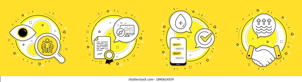 Web system, Group and Oil serum line icons set. Licence, cell phone and deal vector icons. Evaporation sign. Computer, Managers, Cosmetic care. Global warming. Science set. Vector