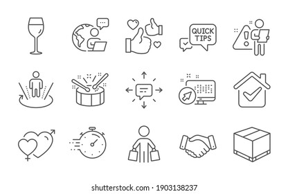 Web system, Male female and Delivery box line icons set. Augmented reality, Wine glass and Quick tips signs. Drums, Timer and Buyer symbols. Employees handshake, Like and Sms. Line icons set. Vector