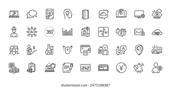 Web system, Puzzle and Search employee line icons pack. AI, Question and Answer, Map pin icons. Yen money, Open door, Chemistry lab web icon. Swipe up, Monitor settings, Column chart pictogram. Vector