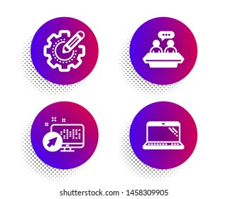 Web system, Settings gear and Employees talk icons simple set. Halftone dots button. Laptop sign. Computer, Technology process, Collaboration. Science set. Classic flat web system icon. Vector