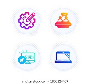 Web system, Settings gear and Employees talk icons simple set. Button with halftone dots. Laptop sign. Computer, Technology process, Collaboration. Science set. Gradient flat web system icon. Vector
