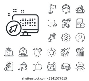 Web system sign. Salaryman, gender equality and alert bell outline icons. Computer line icon. Monitor symbol. Web system line sign. Spy or profile placeholder icon. Online support, strike. Vector