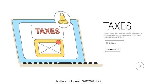Web Tax Payment Mail-Benachrichtigungskonzept Vektorgrafik. Zusammensetzung mit Rechnungslegung, Berechnung und Zahlung, Haushaltsanalyse und Transaktionsbrief online auf Laptop. 