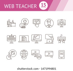 Web teacher line icon set. Student, online class, e-learning. Lesson concept. Can be used for topics like education, online lection, conference