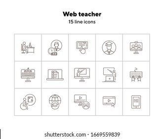 Web teacher line icon set. Student, online class, e-learning. Lesson concept. Can be used for topics like education, online lection, conference