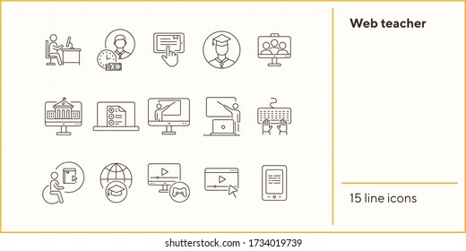 Web teacher line icon set. Student, online class, e-learning. Lesson concept. Can be used for topics like education, online lection, conference