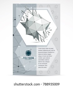 Web technologies company booklet cover design. 3d origami abstract grayscale mesh object, vector abstract design element with broken fractures.