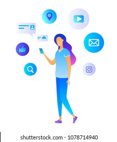 Web technology icons and girl. Social media and people