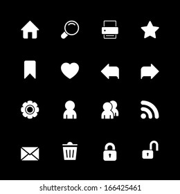 Web technology icons set, home search back and user contrast white on black silhouettes isolated vector illustration