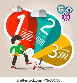 Web Technology Infographics Design. Paper Cut Labels with Icons and Repair Man Cartoon.