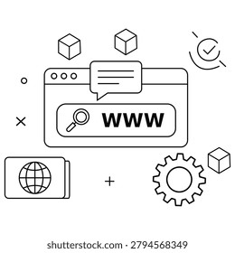 Web Technology Internet Services And Digital Infrastructure Line Illustration With Browser Search And Online Systems