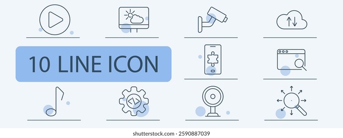 Web technology set icon. Play button, weather forecast, security camera, app integration, cloud storage, search engine, music note, coding, webcam, data analysis.
