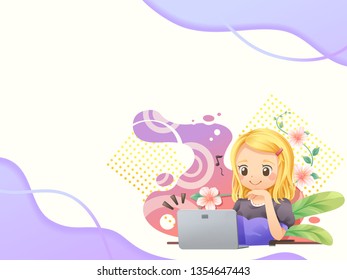 Web template background people working online with laptop, white and purple wave background - vector