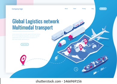 Web template banner Global logistics network Flat isometric illustration of air cargo trucking rail transportation maritime shipping On-time delivery Vehicles designed to carry large numbers of cargo